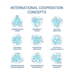 Wall Mural - International cooperation turquoise concept icons set. Global integration for progress idea thin line color illustrations. Isolated symbols. Editable stroke. Roboto-Medium, Myriad Pro-Bold fonts used