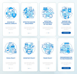 Medical and business global work blue onboarding mobile app screen set. Walkthrough 4 steps graphic instructions pages with linear concepts. UI, UX, GUI template. Myriad Pro-Bold, Regular fonts used