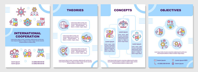 International collaboration blue brochure template. Society progress. Leaflet design with linear icons. 4 vector layouts for presentation, annual reports. Arial-Black, Myriad Pro-Regular fonts used