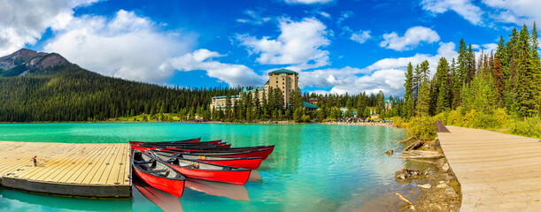 Canvas Print - Canoes on Lake Louise, Banff National Park, Canada