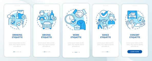 Types of etiquette blue onboarding mobile app screen. Set of rules walkthrough 5 steps graphic instructions pages with linear concepts. UI, UX, GUI template. Myriad Pro-Bold, Regular fonts used