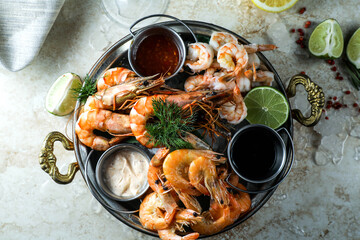 Seafood shrimps with tasty sauces