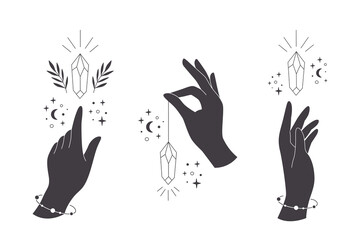 Hand with crystal. Mystical, esoteric, magic or healing crystal. Linear art. Editable strokes. Vector illustration