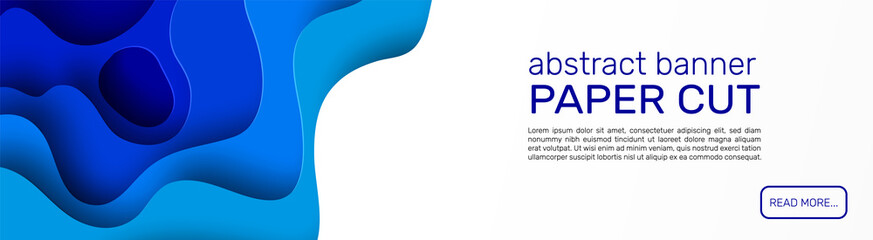 paper cut banner. blue abstract paper shapes, curved layers with shadows, wave forms. horizontal web