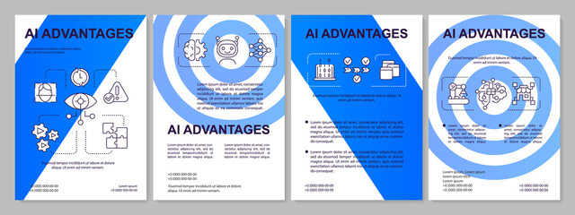Artificial intelligence advantages blue brochure template. Leaflet design with linear icons. 4 vector layouts for presentation, annual reports. Arial-Black, Myriad Pro-Regular fonts used