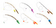 Set of colorful fishing rods in cartoon style. Vector illustration of tools for fishing river and sea of various shapes on white background.