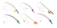 Set Of Colorful Fishing Rods In Cartoon Style. Vector Illustration Of Tools For Fishing River And Sea Of Various Shapes On White Background.
