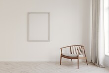 3d Render Interior Of A Minimalistic White Empty Room With A Chair And An Empty Frame On The Wall, Wooden Parquet, Mockup Frames	