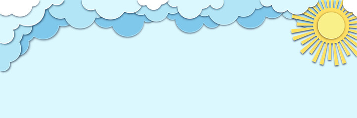 blue sky, clouds and sun in paper cut style. cute background with place for your text. vector backgr