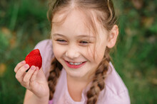 Portrait Of Happy Cute Little Girl Is Eating Strawberries At Summer Day. Soft Focused. 