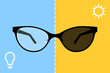 Photochromic eyeglasses, light bulb icon and sun icon