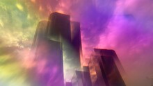 Colorful Abstract Pattern Created With Prism In Front Of Camera Lens. Multiple Overlapping Images Of Skyscrapers With Overcast Sky Behind Them