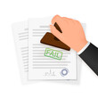 Fail red stamp on document background. White background. Vector illustration