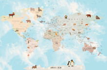 World Map Animals For Kids Room Wallpaper Design
