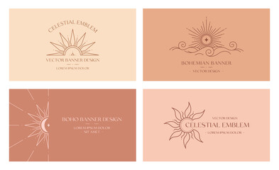 Wall Mural - vector bohemian logo designs with sun,cloud or sea waves and light rays.boho linear icons or symbols