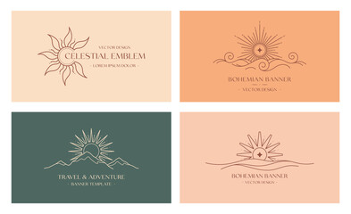 Wall Mural - vector travel and celestial logo design with mountain landscape,sea waves,sun.boho linear icons or s