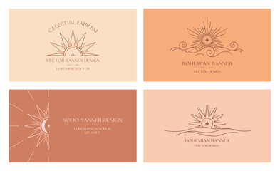 Wall Mural - vector bohemian logo designs with sun,cloud or sea waves and light rays.boho linear icons or symbols
