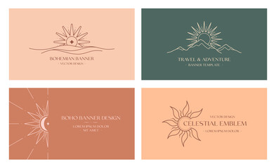 Wall Mural - Vector travel and celestial logo design with mountain landscape,sea waves,sun.Boho linear icons or symbols in minimalist style.Modern hike,camp or glamping resort label.Branding design,website banner