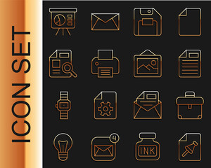 Poster - Set line Note paper with push button, Briefcase, File document, Floppy disk, Printer, Document graph chart, Board and Picture landscape icon. Vector