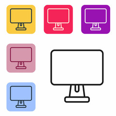 Poster - Black line Computer monitor screen icon isolated on white background. Electronic device. Front view. Set icons in color square buttons. Vector