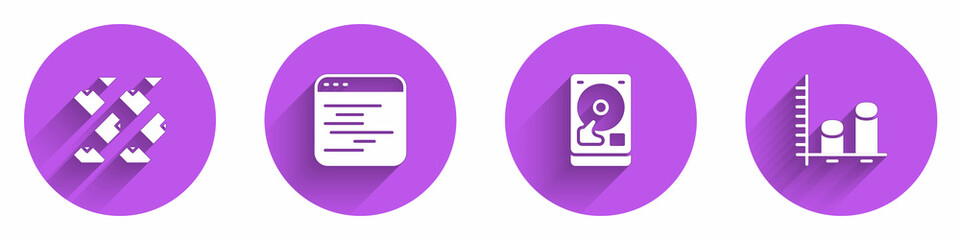 Poster - Set Data stream, Software, Hard disk drive HDD and analysis icon with long shadow. Vector