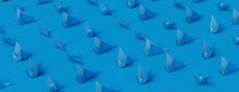 Birds Made From Folded Blue Paper Against Blue Background. Origami Concept Banner.