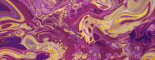 Modern Art Banner. Paint Swirls In Beautiful Purple And Yellow Colors, With Gold Glitter.
