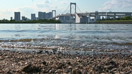 Wall Mural - 東京都港区台場の浜辺に打ち寄せる波の景色