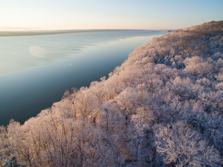 Wall Mural - Snow covered trees near lakeshore