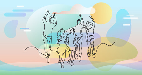 Wall Mural - continuous line drawing of happy jumping group of young kids