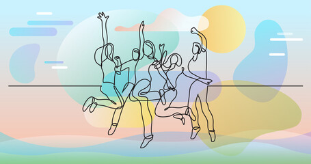 Sticker - continuous line drawing of happy teenagers jumping