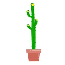 Vector Graphics Illustration Of A Cactus In A Pot. Tall Prickly Cactus Plant With Cute Yellow Flowers In Flat Style. Perfect For Stickers, Children's Book Covers And Web Logos.