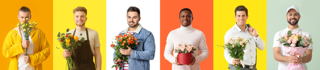 Poster - Group of happy men with beautiful bouquets of flowers on color background