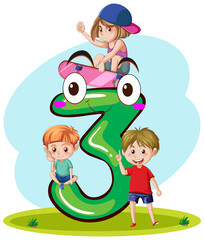 Wall Mural - Three kids with number three cartoon