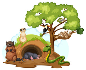 Sticker - Various wild animals with burrow on white background