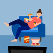 Obese woman overeating on couch watching tv in flat design. Food addiction.