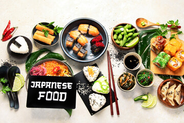 Sticker - Japanese food assortment on light background.