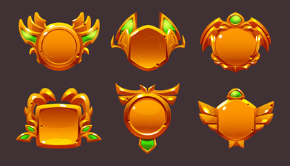 Poster - Golden game award badges, level ui icons. Empty gold frames, banners with wings, gemstones and laurel wreaths. Isolated bonus graphic elements, reward, trophy achievement and prize Cartoon vector set