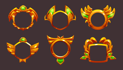 Poster - Game ui frames, gold medieval rpg game or app level borders, golden textured circles with ornate rims and green decor. Cartoon circular isolated graphic design gui elements, Vector illustration, set