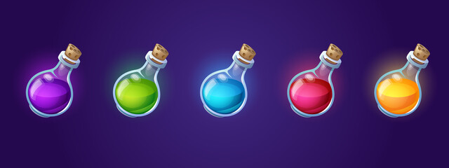 Aufkleber - Potion bottles with colorful magic elixir, cartoon glass beakers with glow liquid and corkwood plugs. Witch poison flasks gui or ui game assets, wizard or fairy vials, Vector illustration, icons set