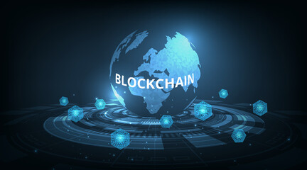 Poster - Blockchain network connecting technology concept.Isometric digital blocks connection vector illustration with globe on blue background. Linked block contain cryptography hash and transaction data. 