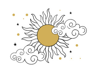 Wall Mural - colorful yellow sun with clouds in chinese style, sky boho icon, sketch. vector linear hand drawing.