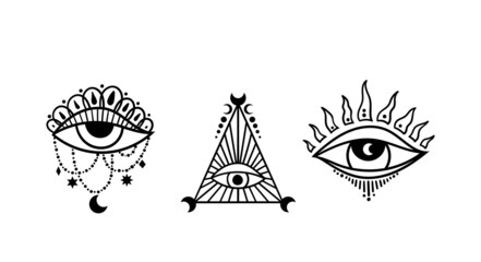 Wall Mural - mystical evil eye and moon phases isolated clip art set, celestial the third eye, magical hand drawn