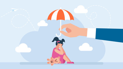 Protect children from danger. Child protection concept. Little girl sitting on the floor and crying. Child care. The umbrella protects the child from the storm. Flat design. Vector illustration.