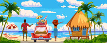 Couple On Vacation, Red Car With Luggage Bags, Surfboard On The Beach. Hut, Bungalow, Tropical Seachore, Palms, Sea, Ocean, Back View. Vector Illustration Retro Cartoon