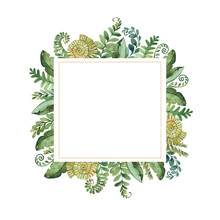 Cute Dinos World Collection. Watercolor Frame Border With Tropical Leaves,fern,seashell,palm Leaf And More.Perfect For Baby Shower,wedding,nursery Decorations,invitations,party.