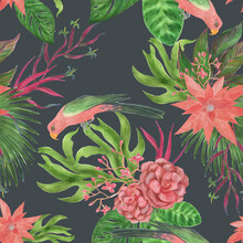 Watercolor Painting Seamless Pattern With Australian King Parrot And Tropical Leaves And Flowers