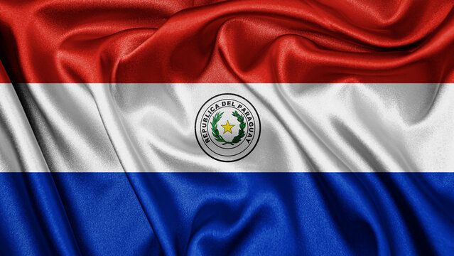 close up realistic texture fabric textile silk satin flag of paraguay waving fluttering background. 