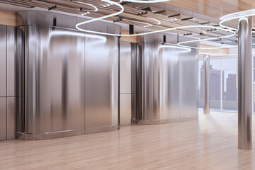 Poster - Empty stylish modern reception hall interior design background with metallic walls streamlined shape, curved bare lamps and wooden floor. 3D rendering