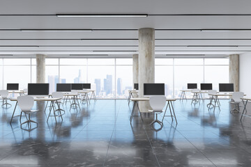 Poster - Clean bright spacious coworking office interior with panoramic city view and reflections. 3D Rendering.
